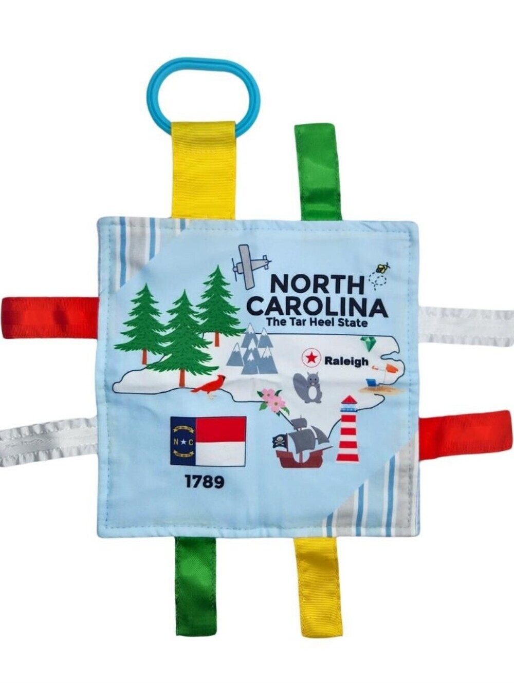 North Carolina Themed Sensory Tag Blanket - Light Blue with Multicolor Tabs